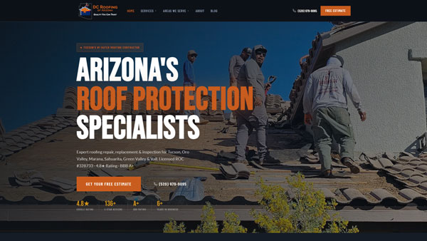 DC Roofing of Arizona redesigned website homepage showing roofing crew working on a residential roof in Tucson